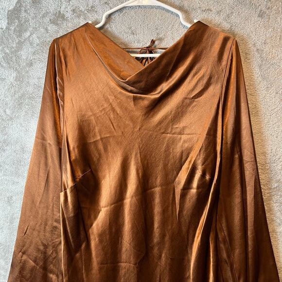 Anthropologie Brown Satin Long Sleeve Mini Dress Cowl Neck Size XL New - Picture 2 of 8